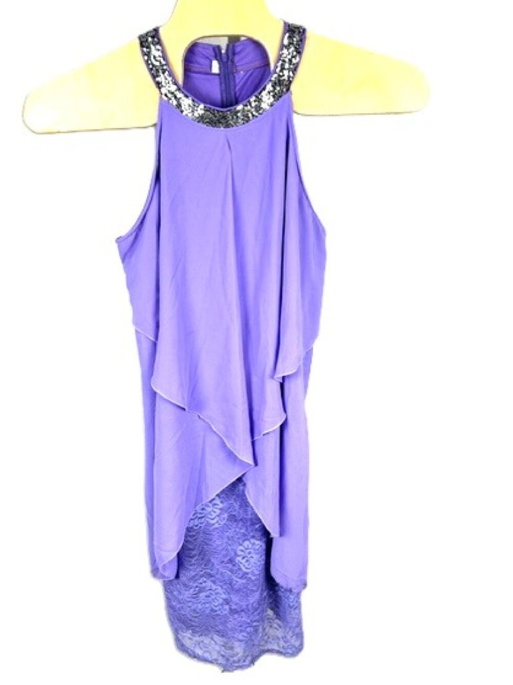 Purple Lace Halter Dress XL Sparkling Silver Sequin Collar Layered Chiffon Base